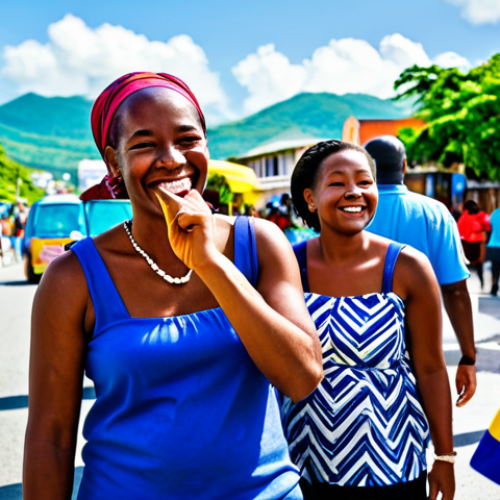 A diverse group of cheerful people, fully clothed in vibrant and modest Caribbean attire, engaging in lively daily activities on a sun-drenched street in Montego Bay. The scene includes elements of a bustling local art market and hints of vibrant reggae music, with the serene, lush Blue Mountains visible in the background. Professional photography, high detail, natural lighting, cinematic quality, perfect anatomy, correct proportions, natural pose, well-formed hands, proper finger count, natural body proportions. safe for work, appropriate content, fully clothed, professional, family-friendly.