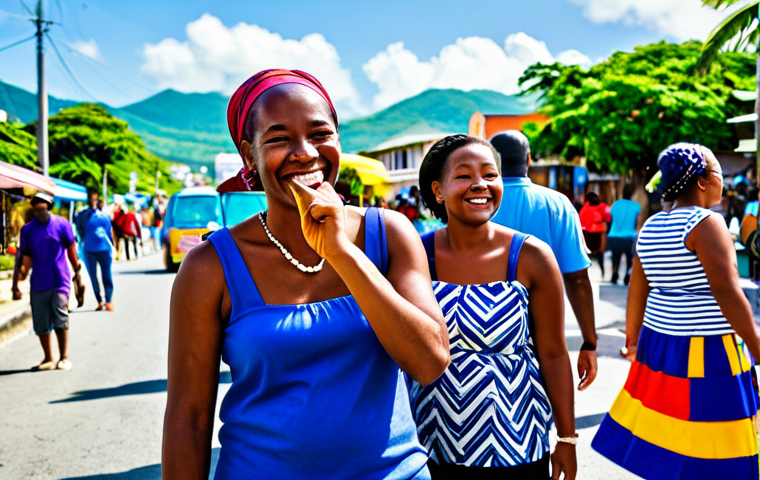 A diverse group of cheerful people, fully clothed in vibrant and modest Caribbean attire, engaging in lively daily activities on a sun-drenched street in Montego Bay. The scene includes elements of a bustling local art market and hints of vibrant reggae music, with the serene, lush Blue Mountains visible in the background. Professional photography, high detail, natural lighting, cinematic quality, perfect anatomy, correct proportions, natural pose, well-formed hands, proper finger count, natural body proportions. safe for work, appropriate content, fully clothed, professional, family-friendly.