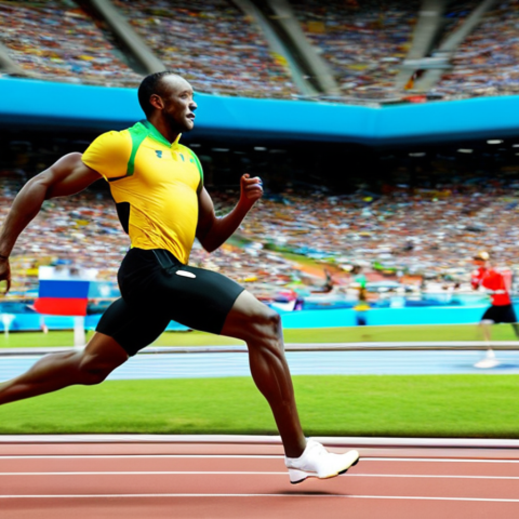 자메이카 내 주요 스포츠와 인기 선수 - "Usain Bolt in a fully clothed, professional athletic uniform, sprinting on a track during the Olymp...