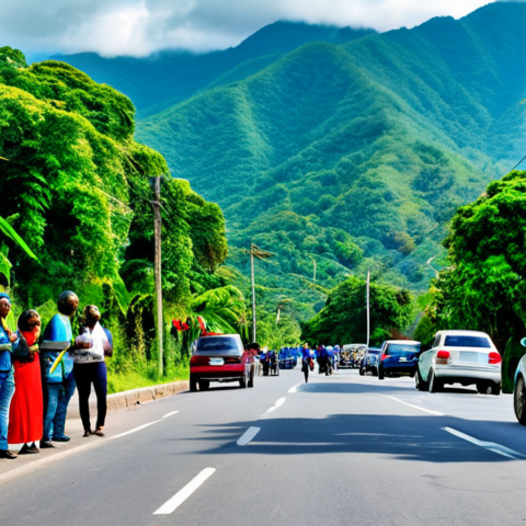 자메이카와 도미니카공화국 비교 - **Jamaica - Reggae & Blue Mountains:** "A professional photographer capturing a vibrant street scene...