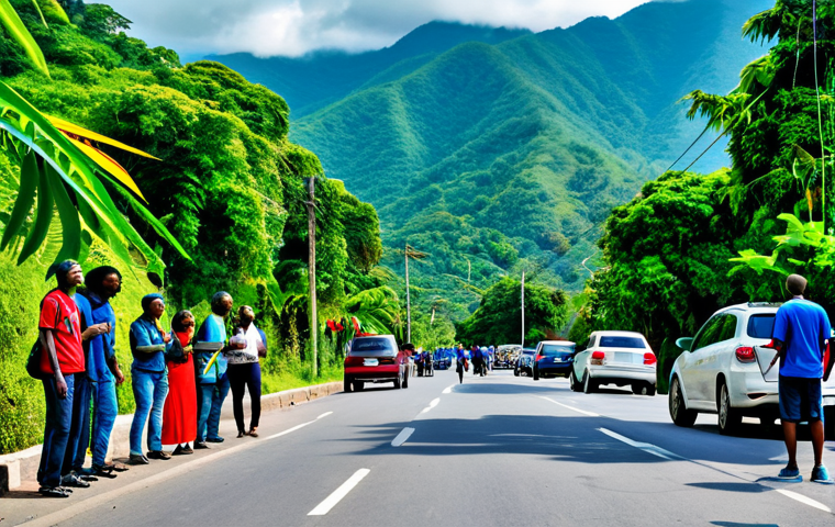 자메이카와 도미니카공화국 비교 - **Jamaica - Reggae & Blue Mountains:** "A professional photographer capturing a vibrant street scene...
