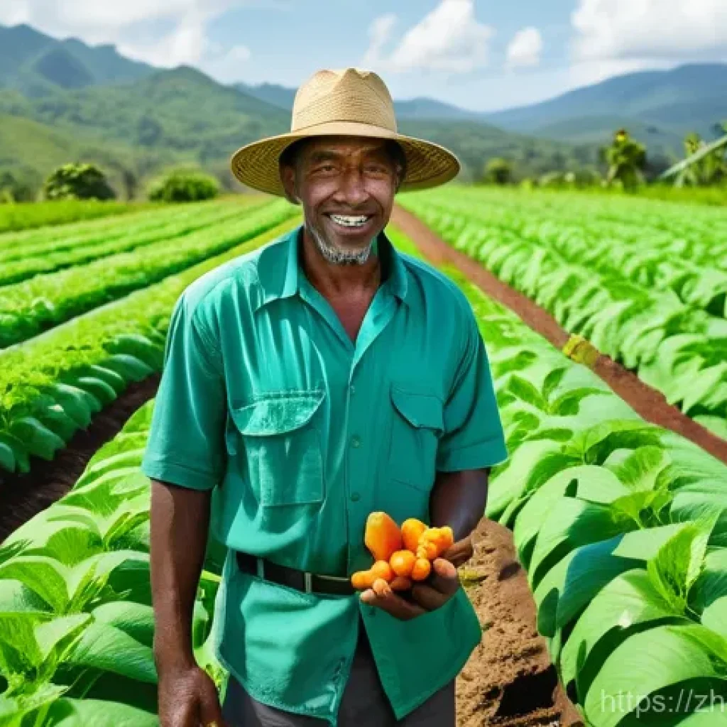 자메이카 농업과 주요 작물 - **Prompt: Modern Jamaican Farmer with Drip Irrigation System**
    A vibrant, sun-drenched scene on ...