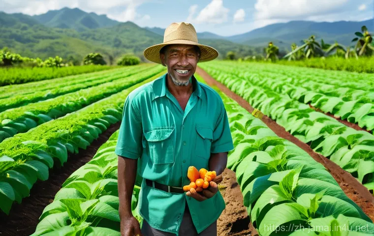 자메이카 농업과 주요 작물 - **Prompt: Modern Jamaican Farmer with Drip Irrigation System**
    A vibrant, sun-drenched scene on ...