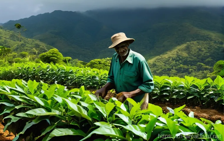자메이카 농업과 주요 작물 - **Prompt: Abundant Jamaican Market Stall of Tropical Produce**
    A close-up, high-angle shot showc...