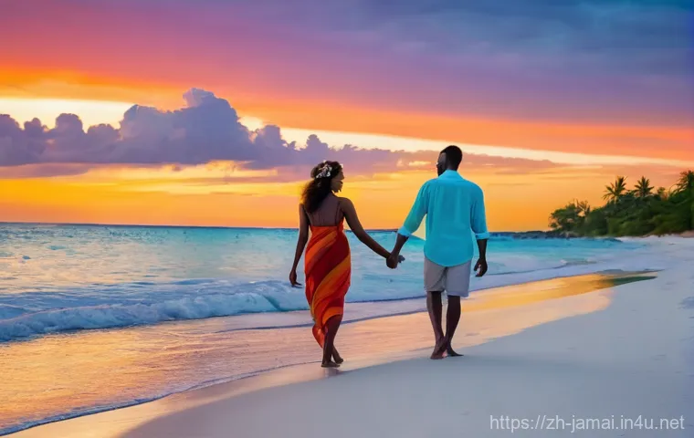 자메이카에서 유명한 커플 여행지 - **Prompt 1: Negril Sunset Serenity**
    "A young couple, both dressed in modest, stylish beachwear ...
