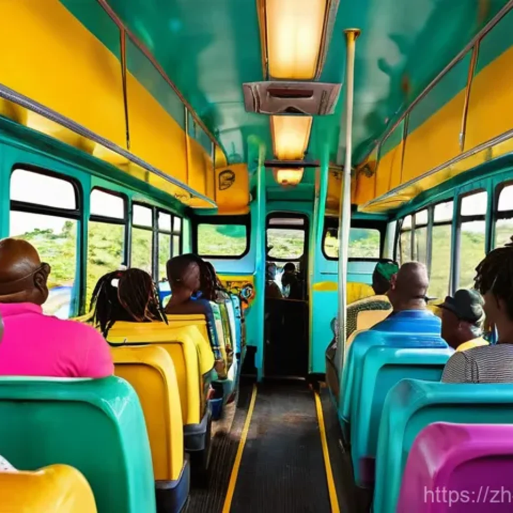 자메이카 도로 교통과 대중교통 - **Prompt 1: Lively Jamaican "Coaster" Bus Interior**
    A vibrant, high-energy scene inside a packe...