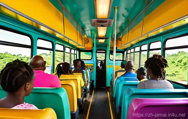 자메이카 도로 교통과 대중교통 - **Prompt 1: Lively Jamaican "Coaster" Bus Interior**
    A vibrant, high-energy scene inside a packe...