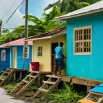 자메이카 자연재해와 대비책 - **Prompt:** "A vibrant and diverse Jamaican community actively preparing for the hurricane season. A...