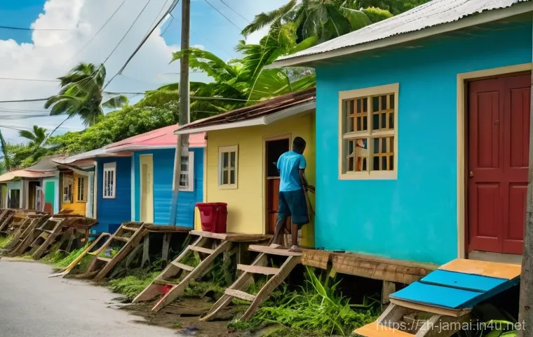 자메이카 자연재해와 대비책 - **Prompt:** "A vibrant and diverse Jamaican community actively preparing for the hurricane season. A...