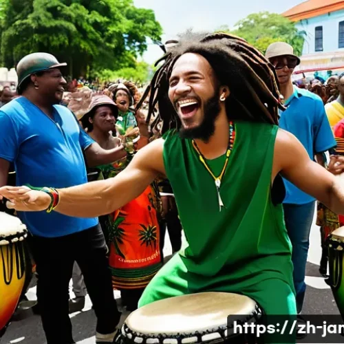 자메이카와 아프리카 문화 비교 - **Vibrant Reggae & African Drumming Fusion Festival**
    A dynamic and joyful street festival scene...