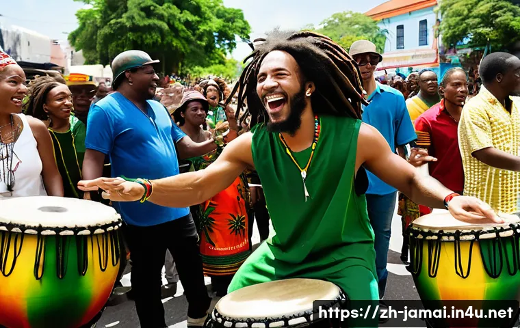 자메이카와 아프리카 문화 비교 - **Vibrant Reggae & African Drumming Fusion Festival**
    A dynamic and joyful street festival scene...