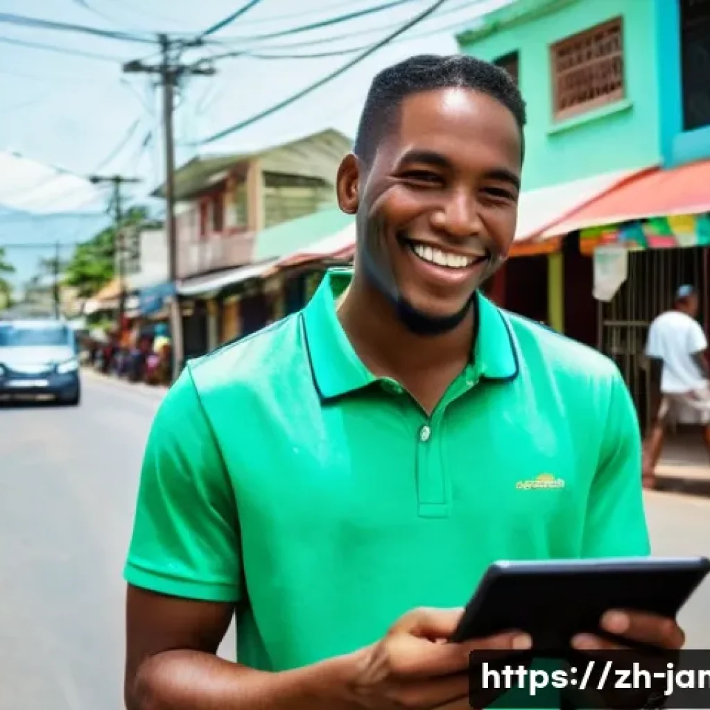 자메이카의 인터넷과 IT 인프라 - **Prompt: "A bustling, sun-drenched street scene in Kingston, Jamaica, showcasing the integration of...