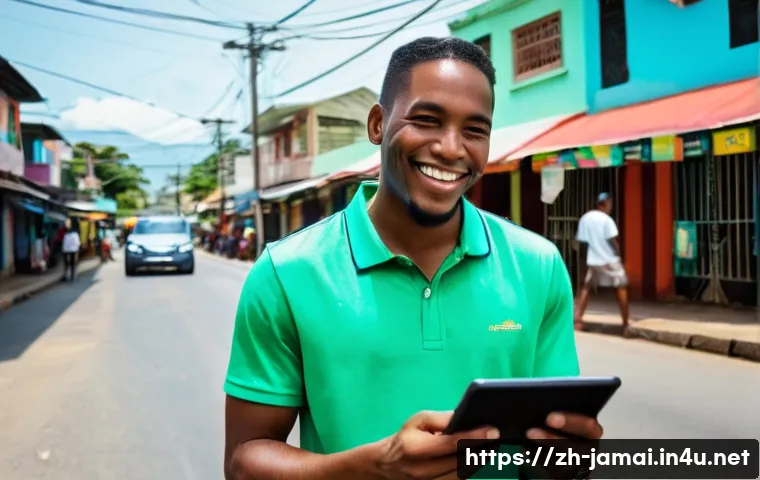 자메이카의 인터넷과 IT 인프라 - **Prompt: "A bustling, sun-drenched street scene in Kingston, Jamaica, showcasing the integration of...