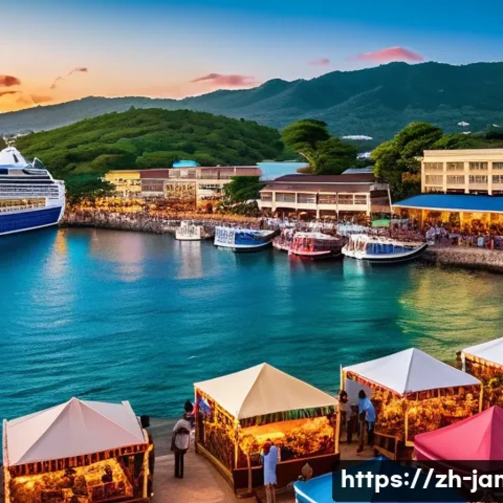 자메이카의 주요 항구와 크루즈 여행 - A vibrant scene of Montego Bay’s bustling harbor at sunset, featuring colorful cruise ships docked a...