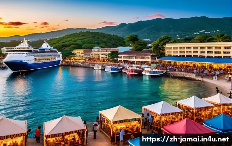 자메이카의 주요 항구와 크루즈 여행 - A vibrant scene of Montego Bay’s bustling harbor at sunset, featuring colorful cruise ships docked a...