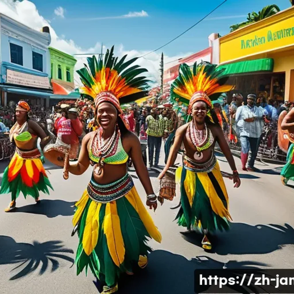자메이카와 아이티 비교 - A vibrant street scene during Jamaica’s Carnival featuring people in colorful costumes with African ...