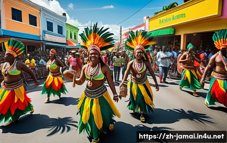 자메이카와 아이티 비교 - A vibrant street scene during Jamaica’s Carnival featuring people in colorful costumes with African ...