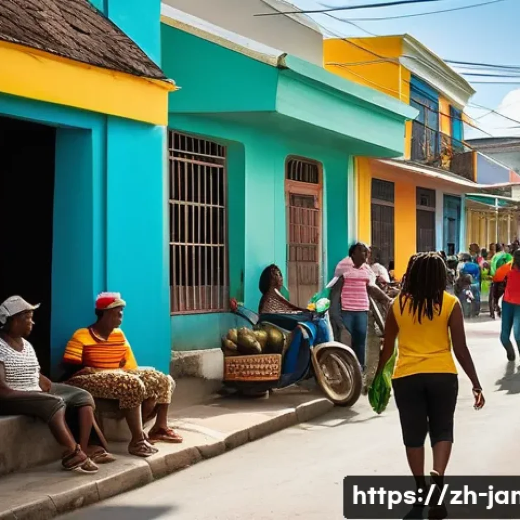 자메이카에서 영어 배우기 - A lively Jamaican street scene filled with vibrant Caribbean culture: colorful buildings adorned wit...