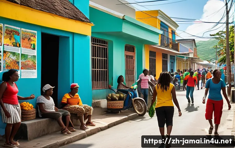 자메이카에서 영어 배우기 - A lively Jamaican street scene filled with vibrant Caribbean culture: colorful buildings adorned wit...