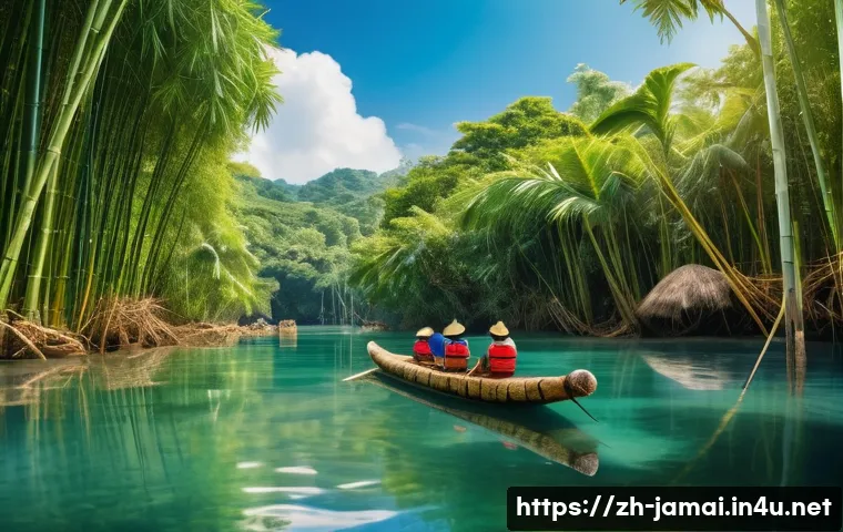 자메이카 래프팅 체험 - A serene bamboo raft floating gently down a clear tropical river in Jamaica, surrounded by lush gree...
