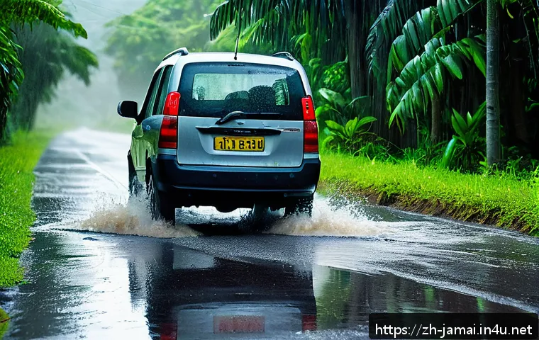 자메이카 교통사고 발생률 - A rural Jamaican road scene during rainy season, showing a narrow, potholed asphalt road with large ...