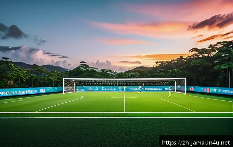 자메이카 축구 리그 및 국가대표팀 - A vibrant modern youth soccer training facility in Jamaica, featuring lush green artificial turf fie...