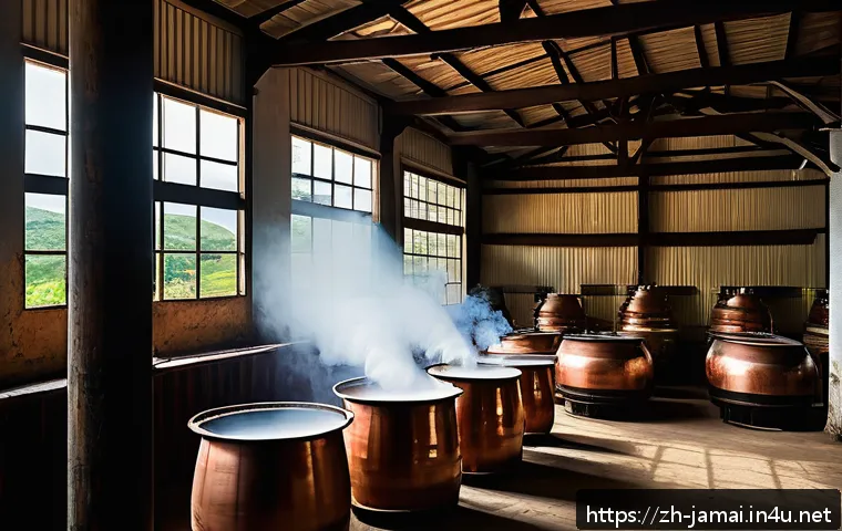 자메이카 럼주 역사 - A vibrant scene inside a traditional Jamaican rum distillery featuring large copper pot stills with ...